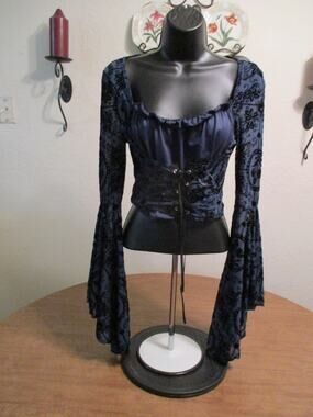 ROMWE BLACK BLUE VELOUR Y2K FAIRY LONG SLEEVE SHEER BLOUSE SIZE S